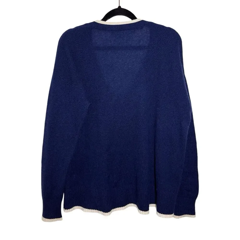 Veronica Beard Navy Blue Cream Trim Cashmere Preppy Cozy V Neck Sweater XS